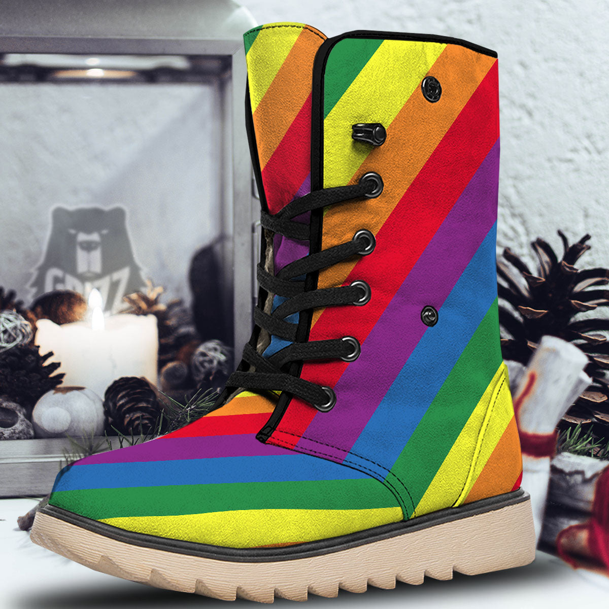 Striped Rainbow Diagonal Print Pattern Snow Boots-grizzshop