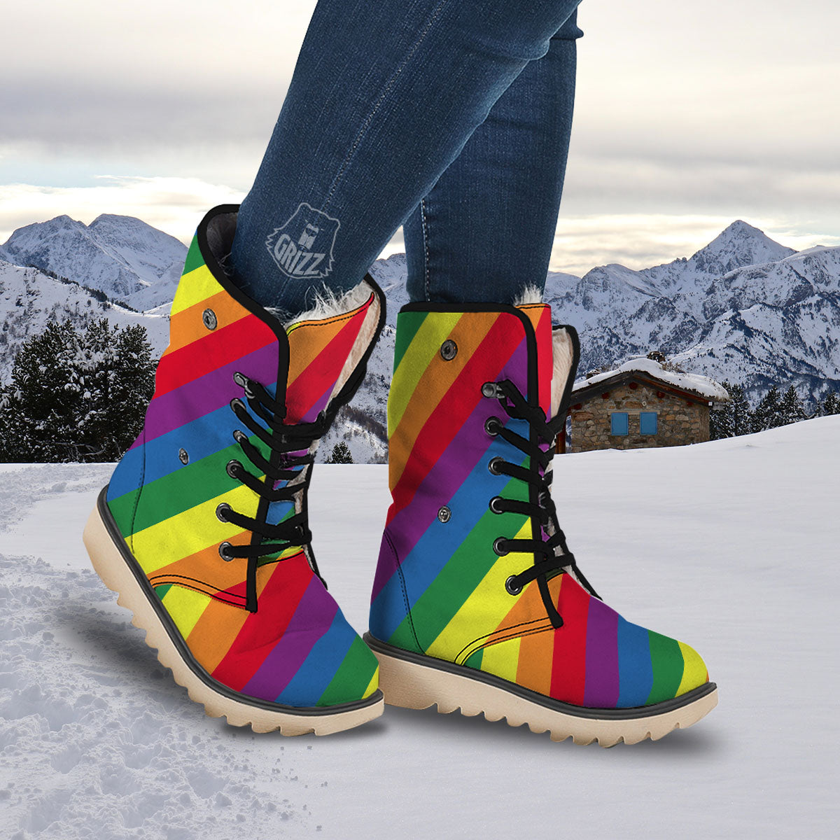Striped Rainbow Diagonal Print Pattern Snow Boots-grizzshop