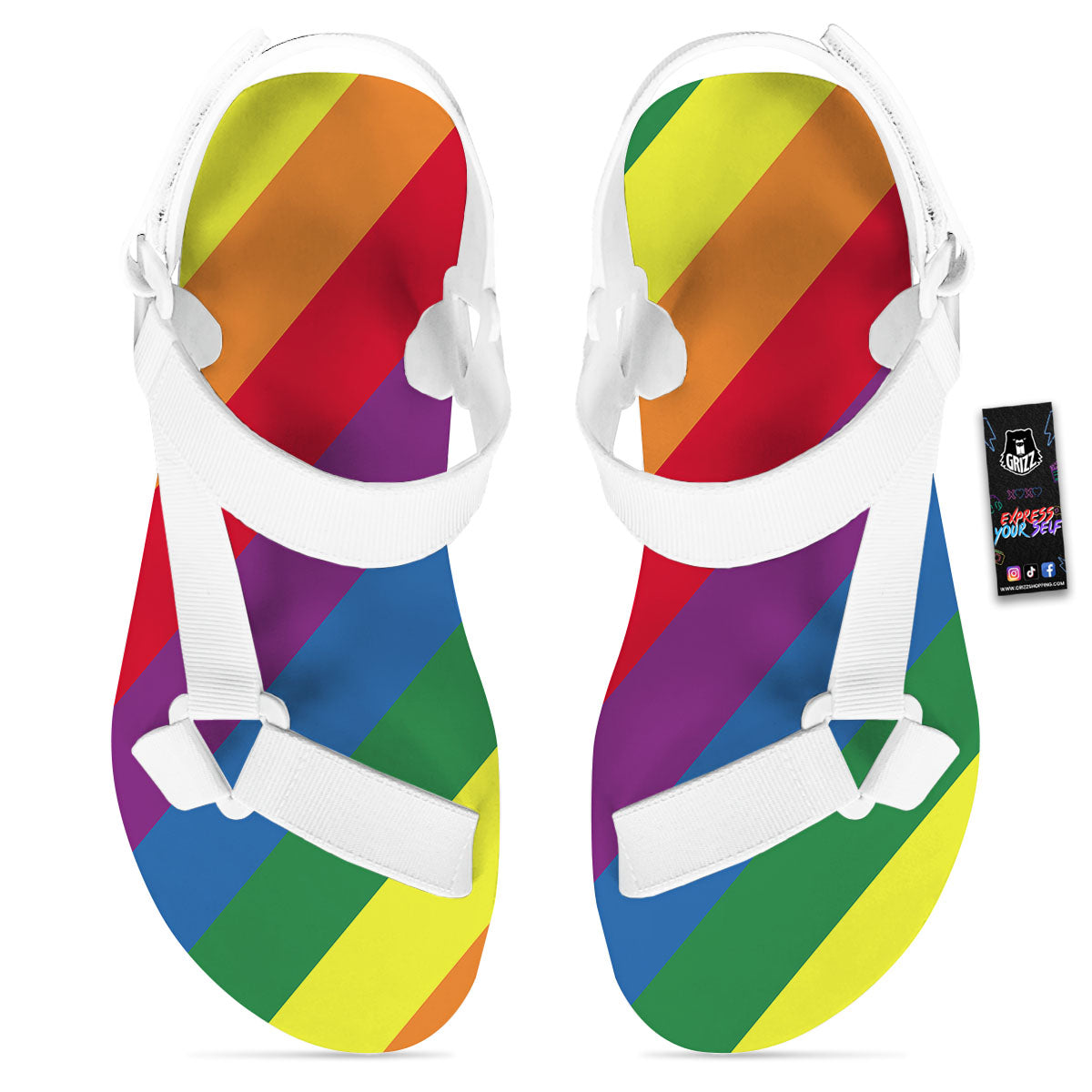 Striped Rainbow Diagonal Print Pattern White Open Toe Sandals-grizzshop