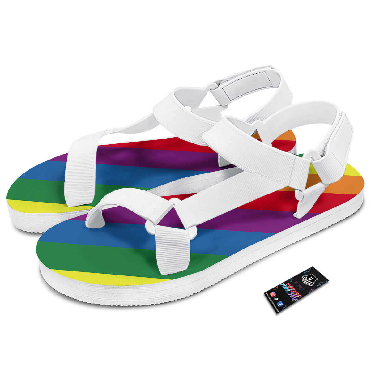 Striped Rainbow Diagonal Print Pattern White Open Toe Sandals-grizzshop