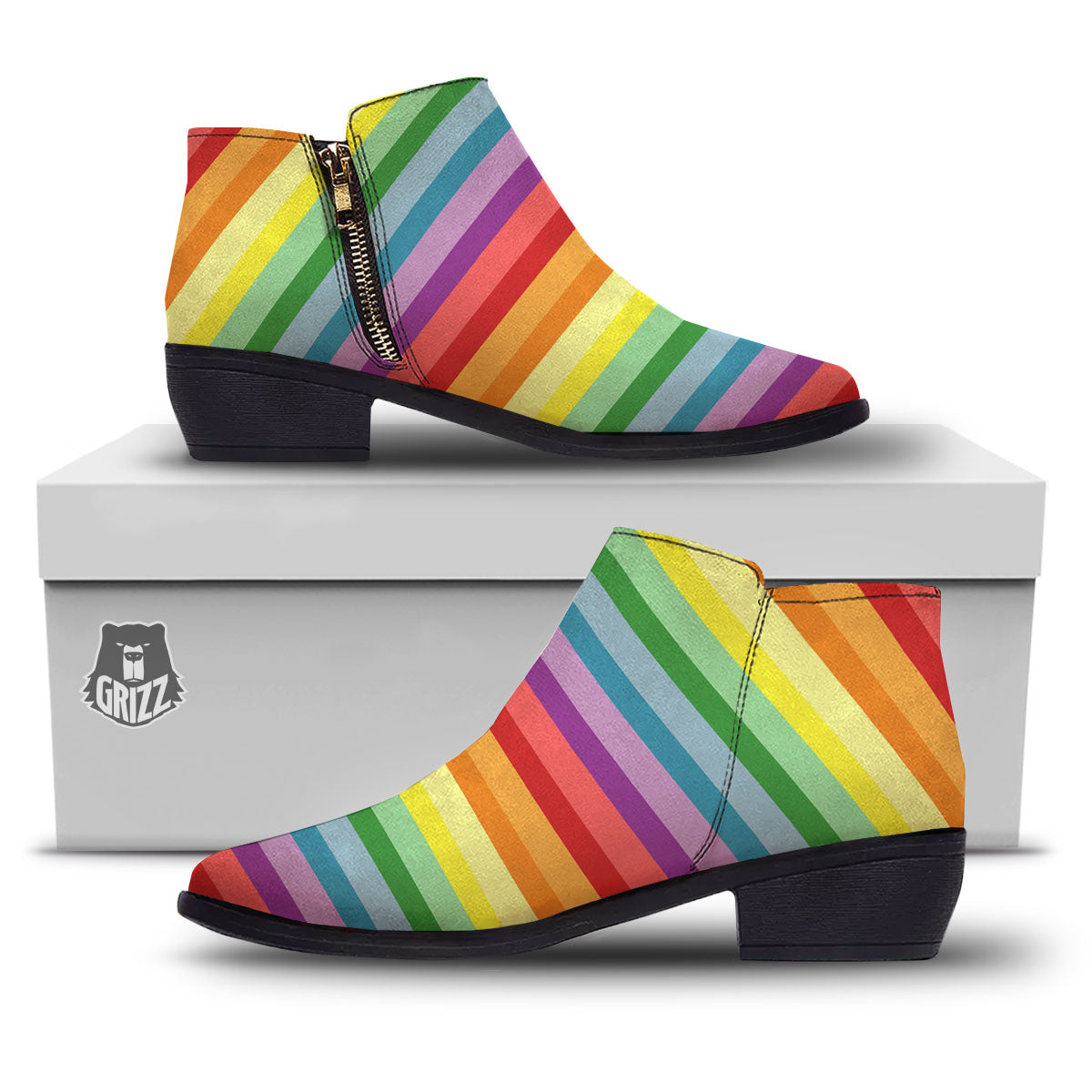 Striped Rainbow Print Pattern Ankle Boots-grizzshop