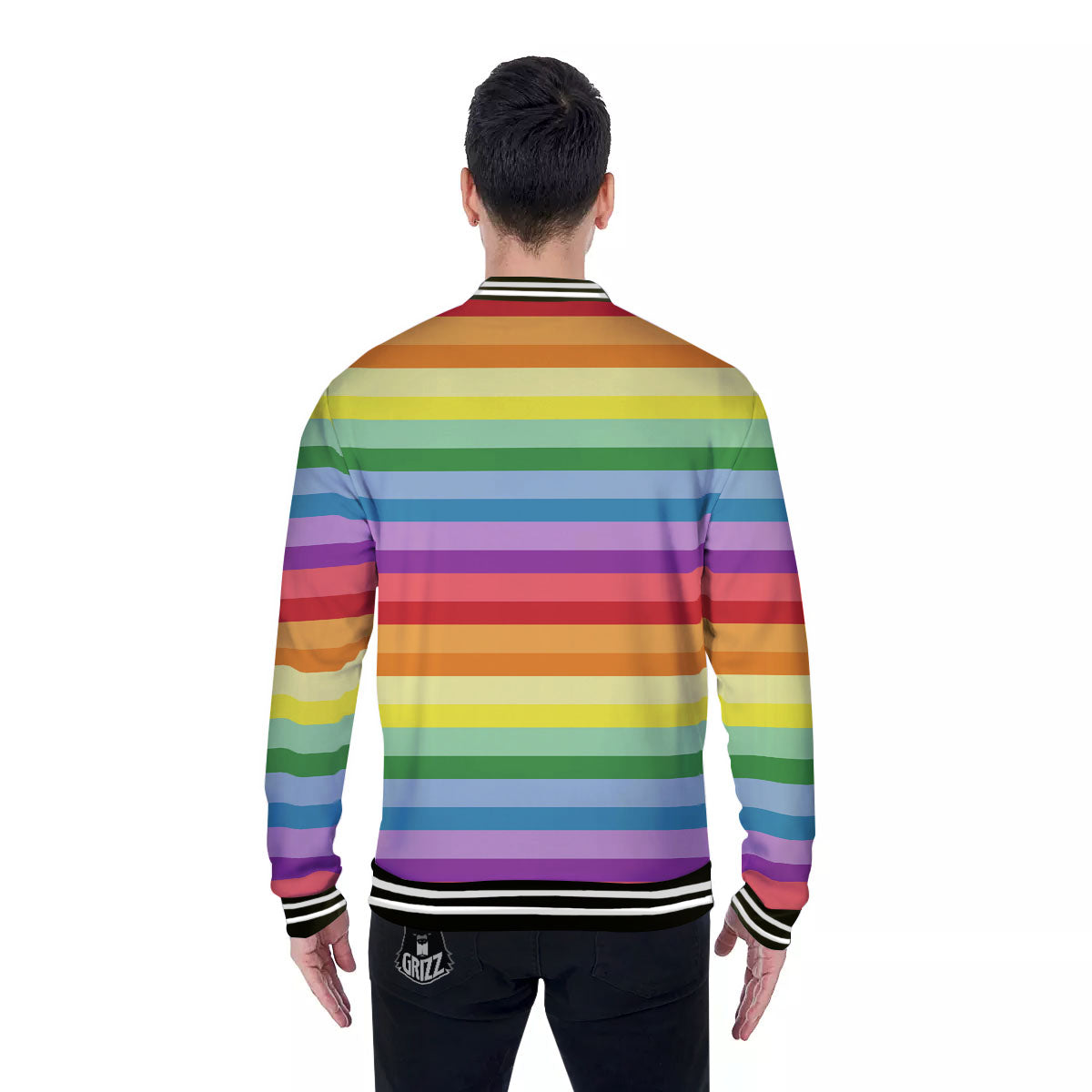 Striped Rainbow Print Pattern Baseball Jacket-grizzshop