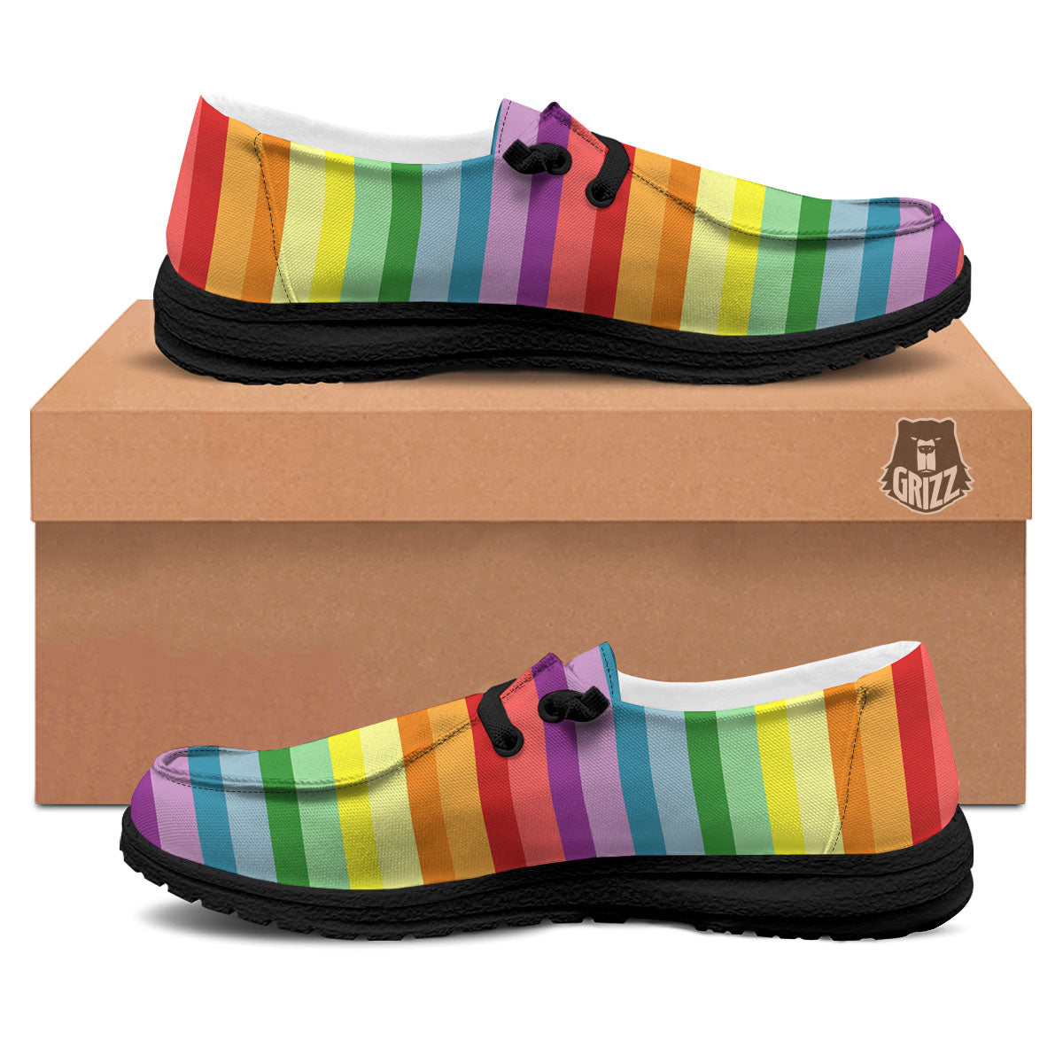 Striped Rainbow Print Pattern Black Loafers-grizzshop