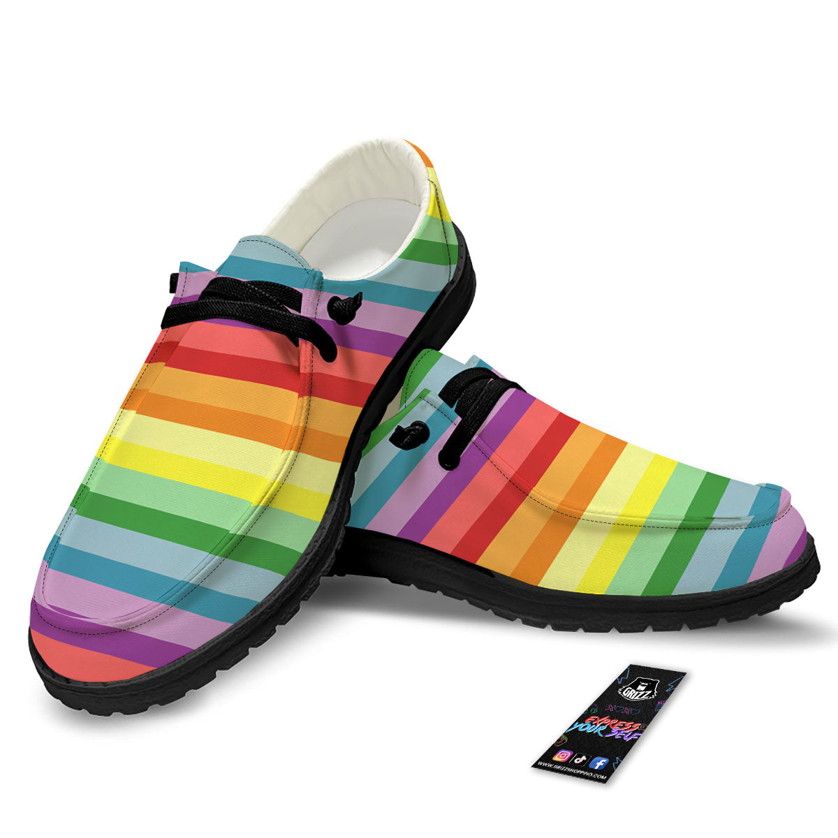 Striped Rainbow Print Pattern Black Loafers-grizzshop