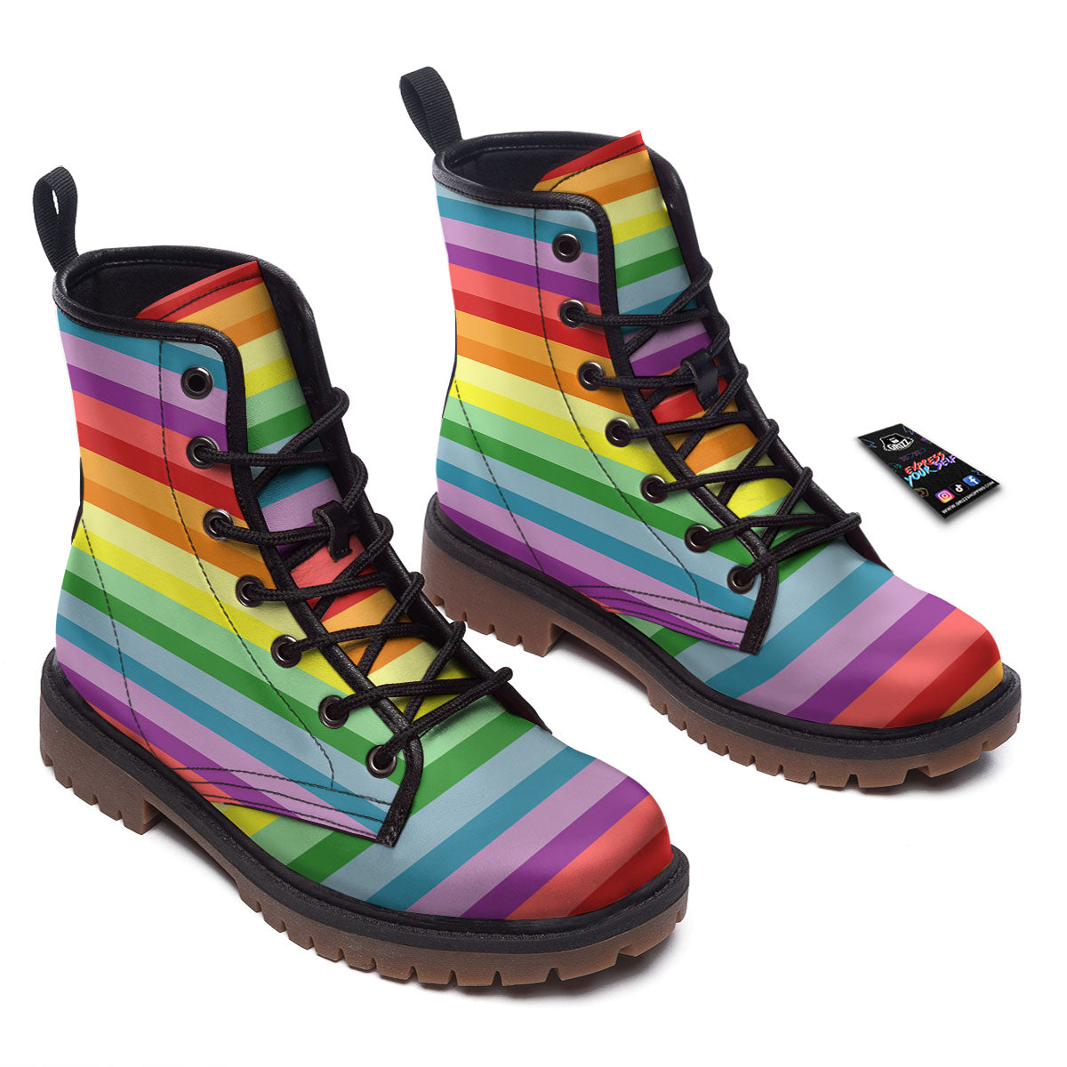 Striped Rainbow Print Pattern Work Boots-grizzshop