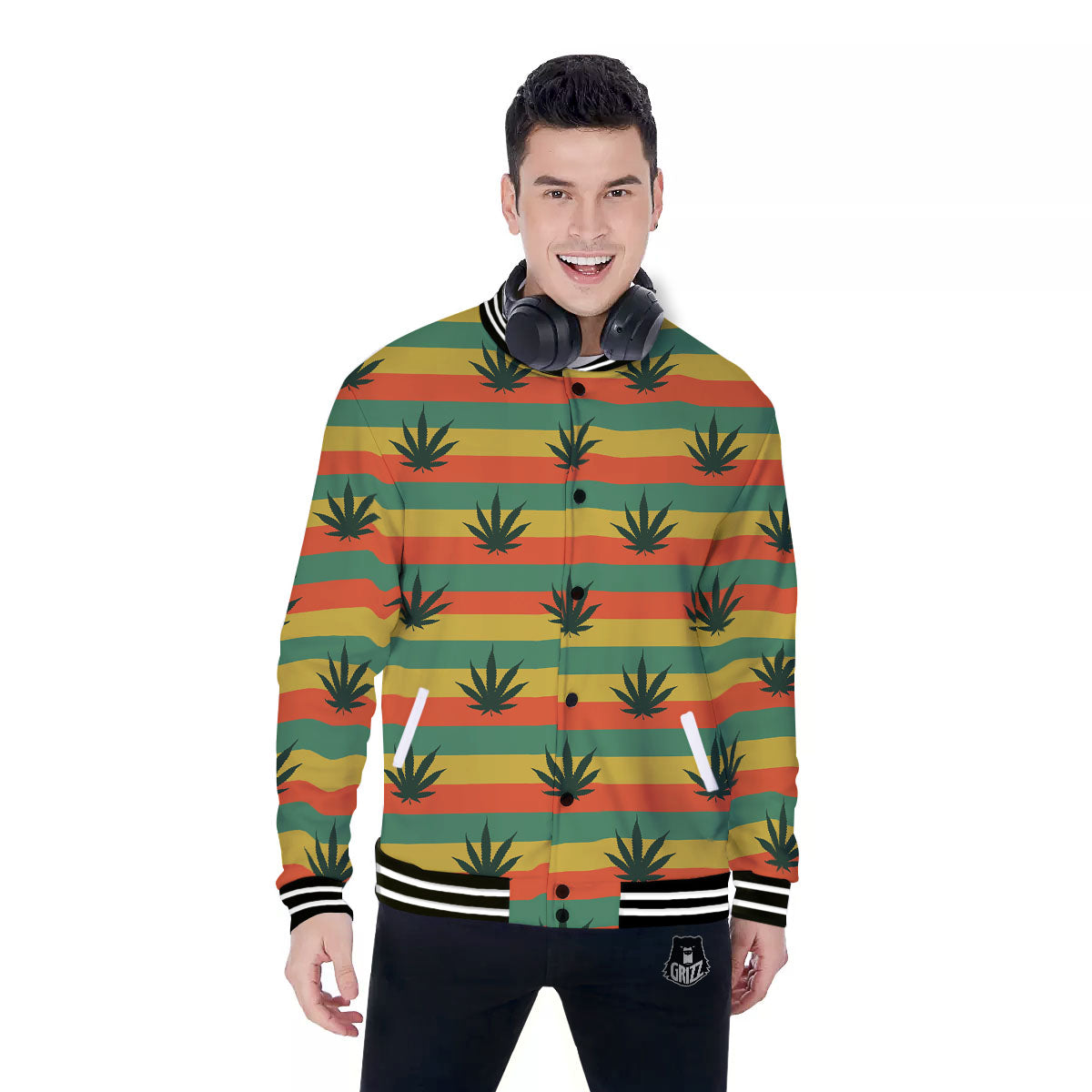 Striped Rasta Print Pattern Baseball Jacket-grizzshop
