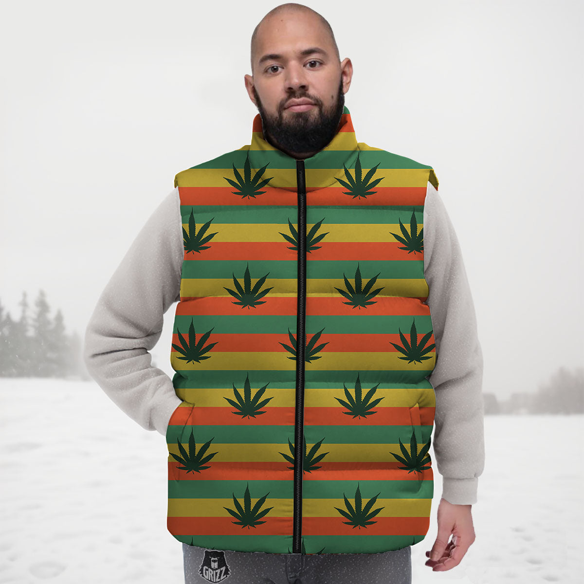 Striped Rasta Print Pattern Down Vest-grizzshop