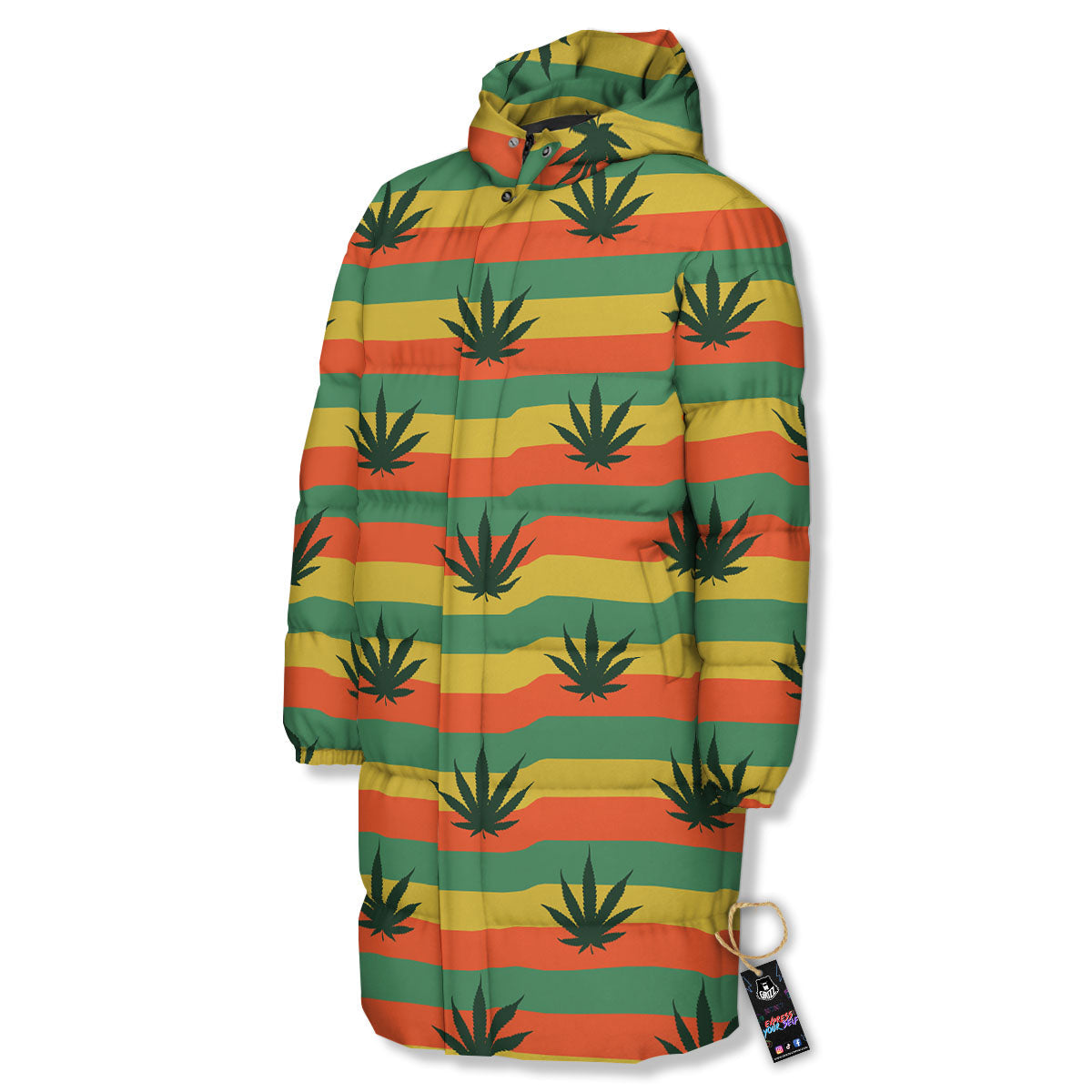 Striped Rasta Print Pattern Long Down Jacket-grizzshop