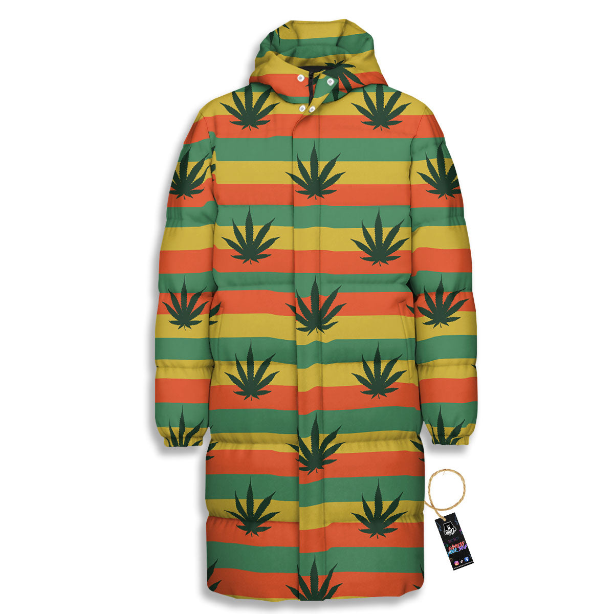 Striped Rasta Print Pattern Long Down Jacket-grizzshop
