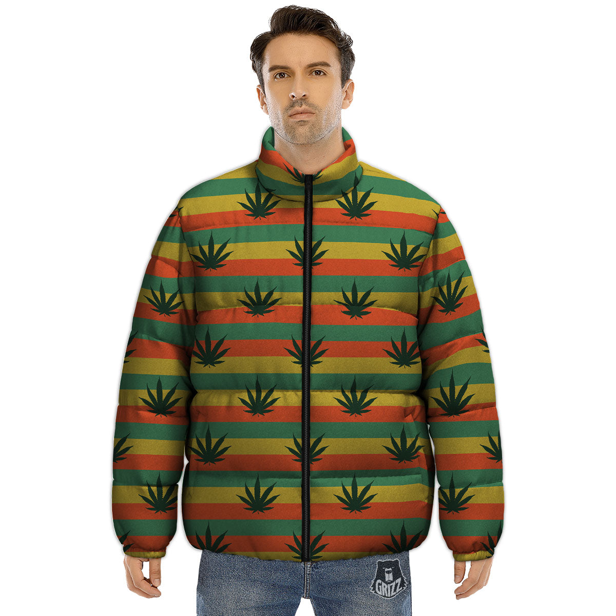 Striped Rasta Print Pattern Puffer Jacket-grizzshop