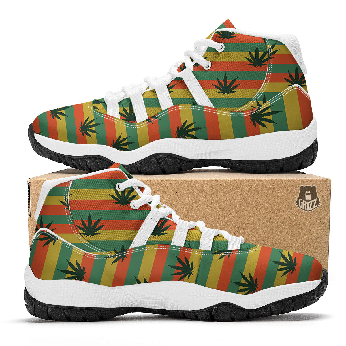 Striped Rasta Print Pattern White Bball Shoes-grizzshop
