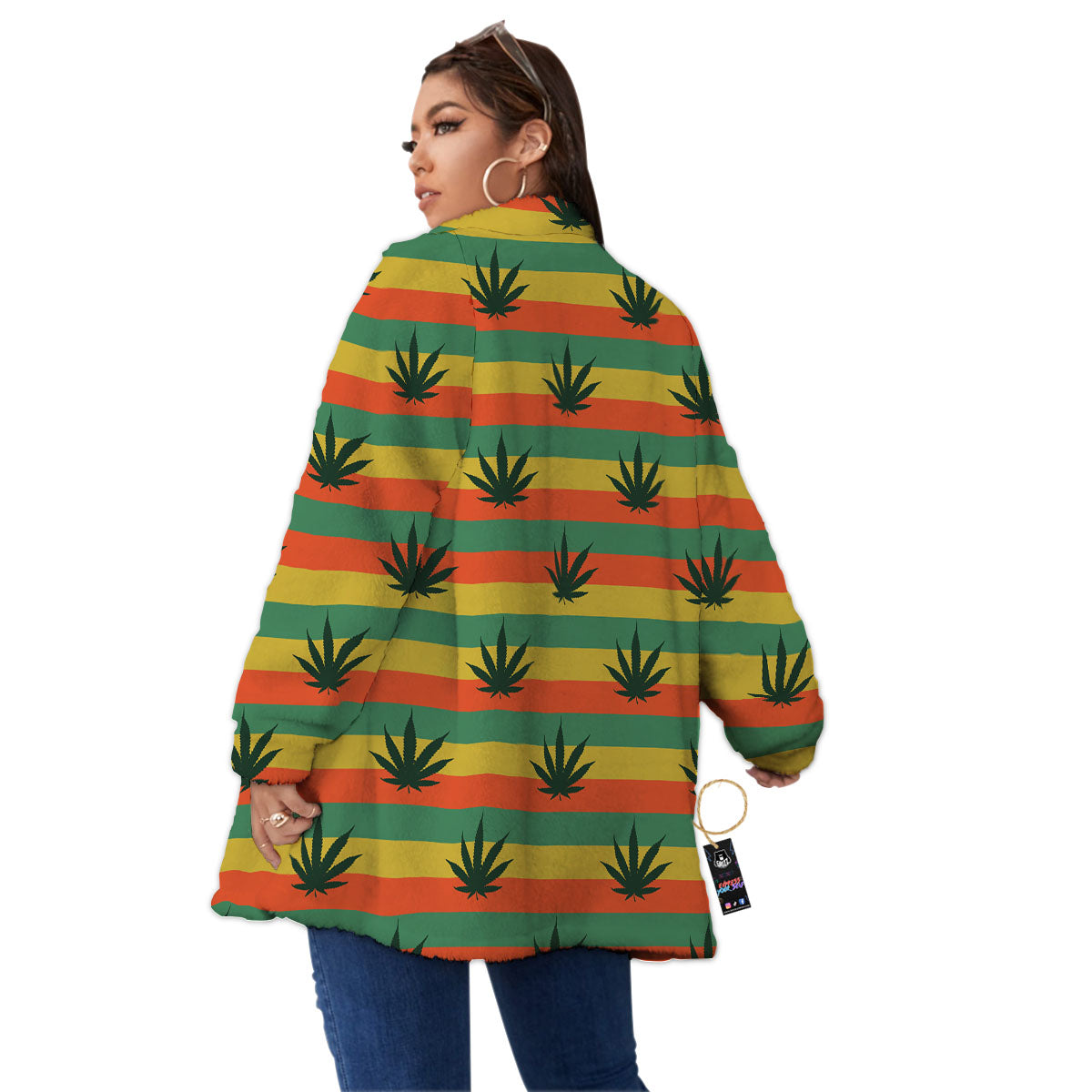 Striped Rasta Print Pattern Women's Sherpa Jacket-grizzshop