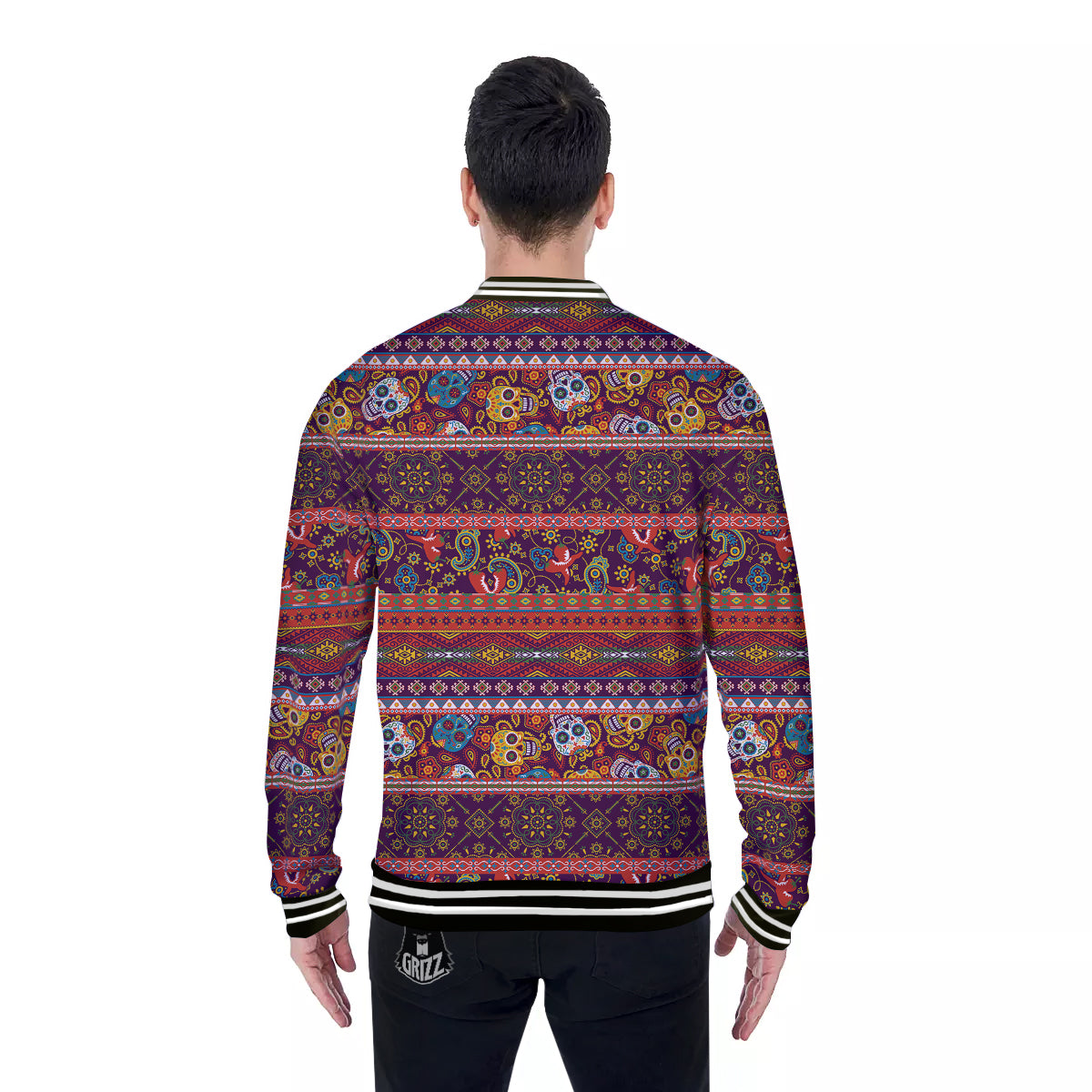 Striped Skull Mexican Style Print Pattern Baseball Jacket-grizzshop