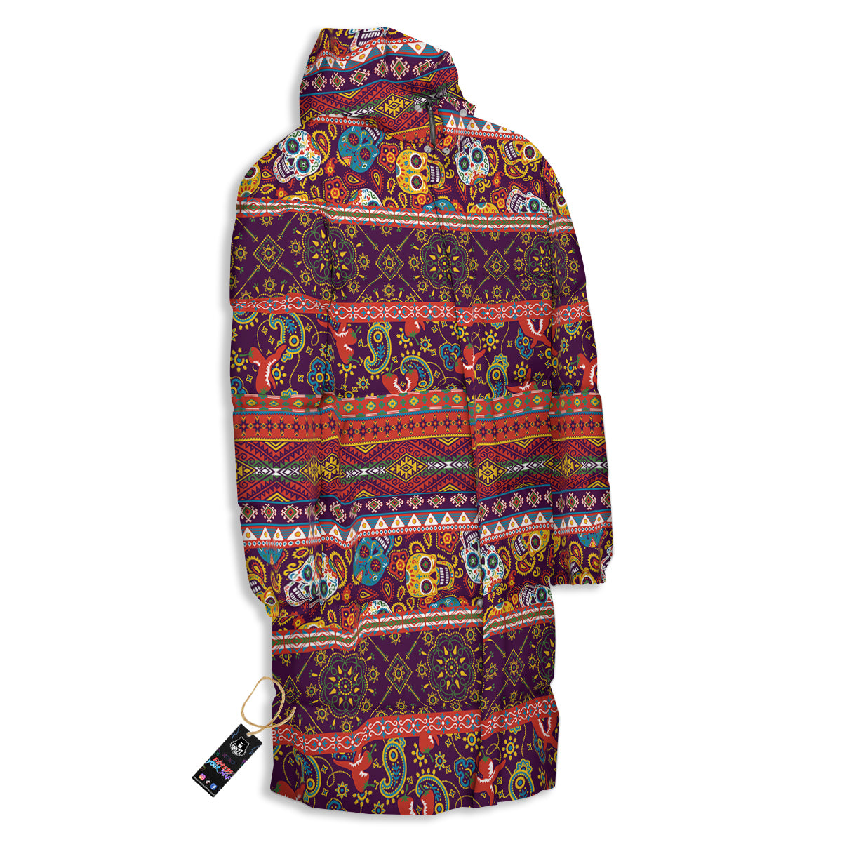 Striped Skull Mexican Style Print Pattern Long Down Jacket-grizzshop