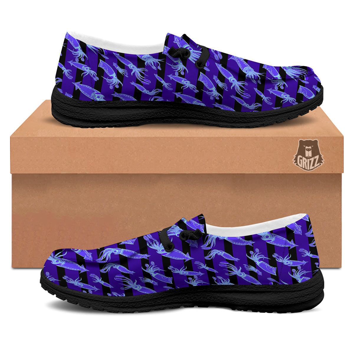 Striped Squid Print Pattern Black Loafers-grizzshop