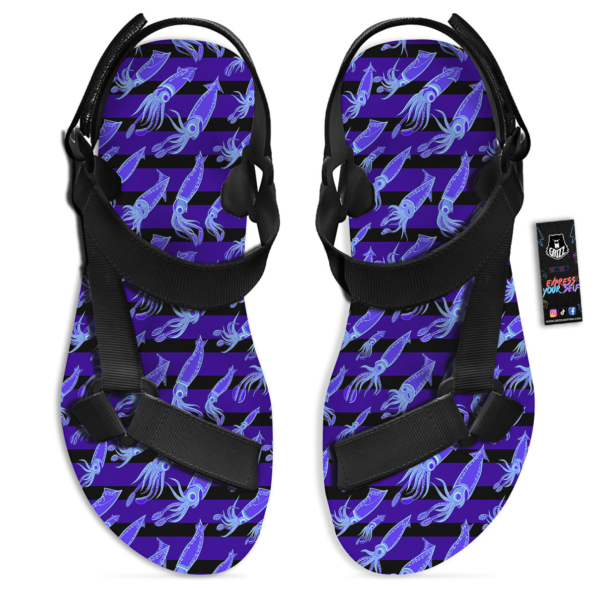 Striped Squid Print Pattern Black Open Toe Sandals-grizzshop