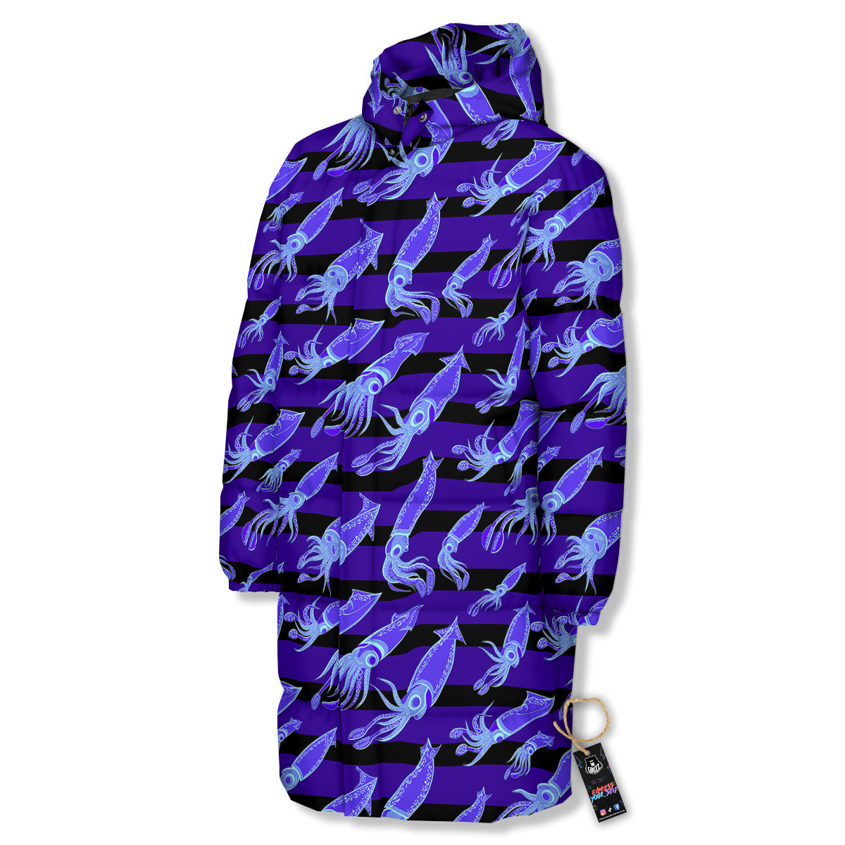 Striped Squid Print Pattern Long Down Jacket-grizzshop