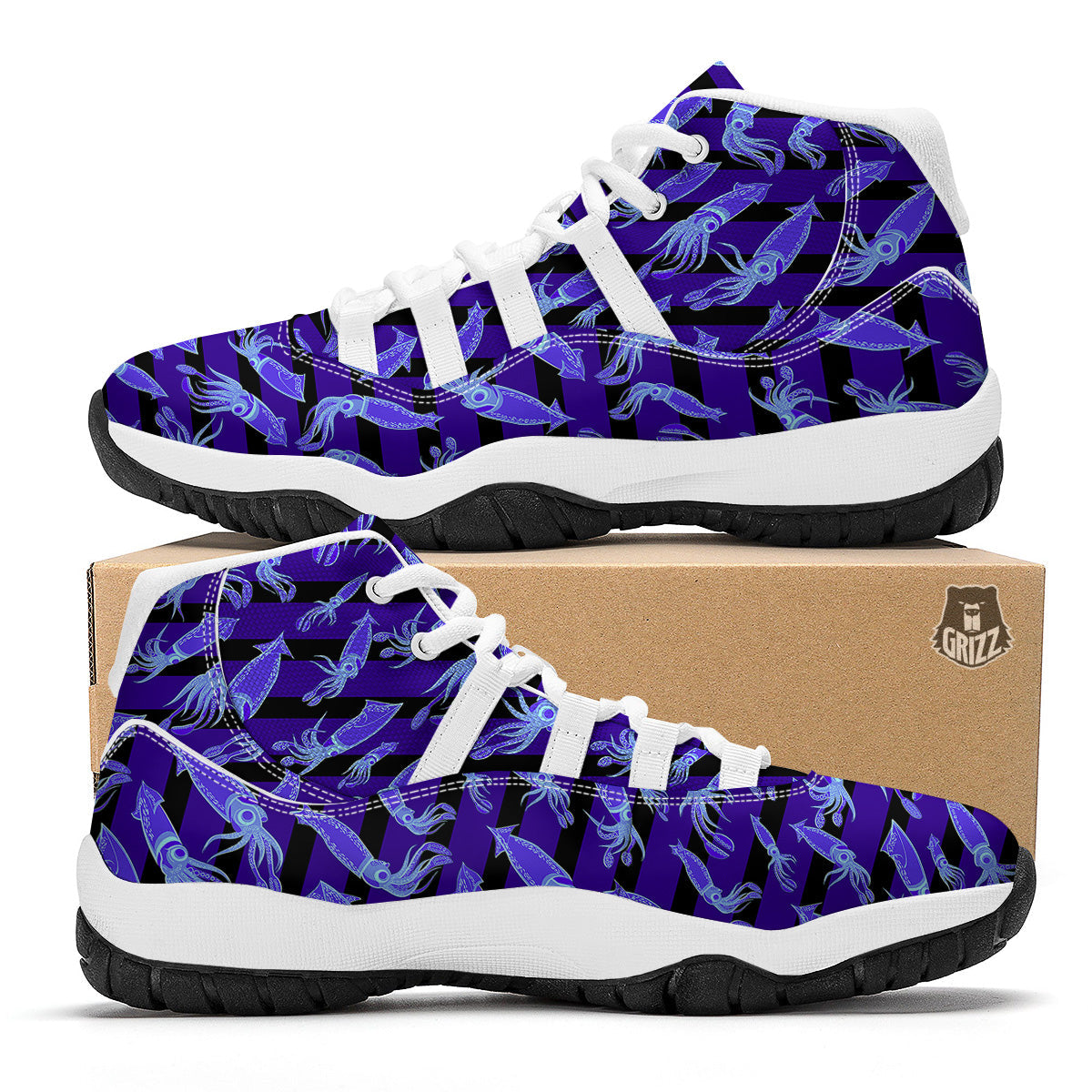 Striped Squid Print Pattern White Bball Shoes-grizzshop