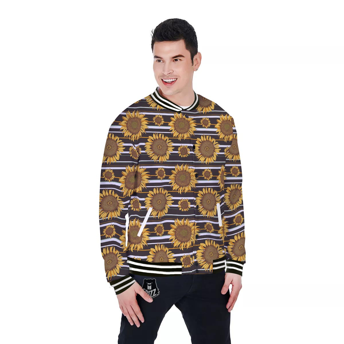 Striped Sunflower Print Pattern Baseball Jacket-grizzshop
