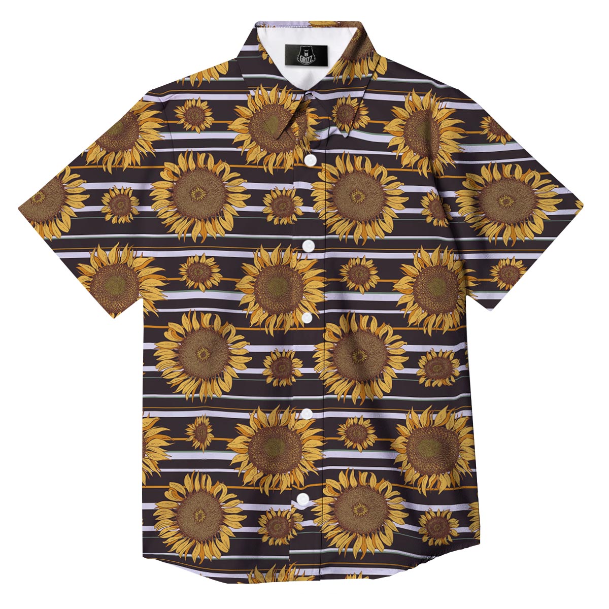 Striped Sunflower Print Pattern Button Up Shirt-grizzshop