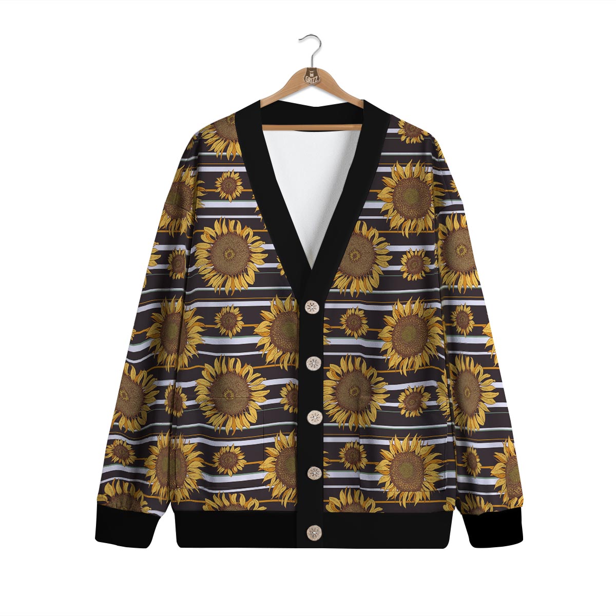 Striped Sunflower Print Pattern Cardigan-grizzshop