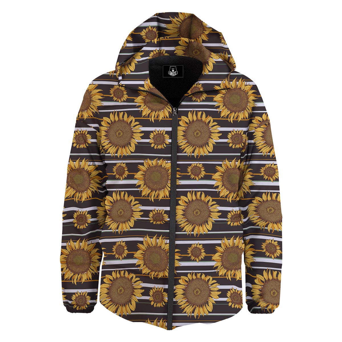 Striped Sunflower Print Pattern Down Jacket-grizzshop