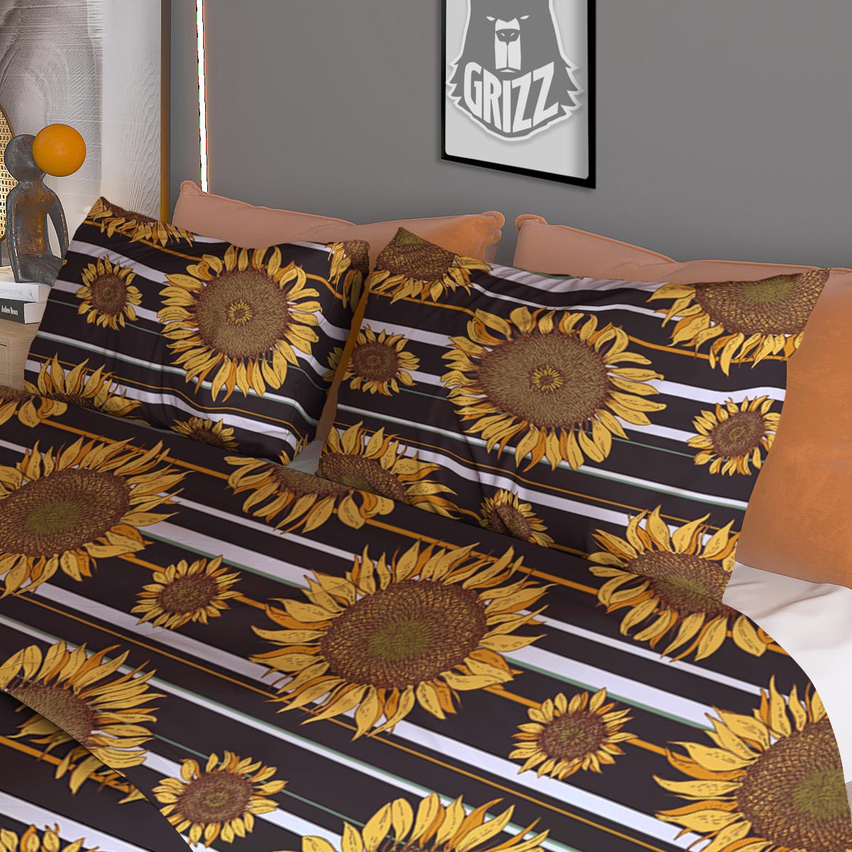 Striped Sunflower Print Pattern Duvet Cover Bedding Set