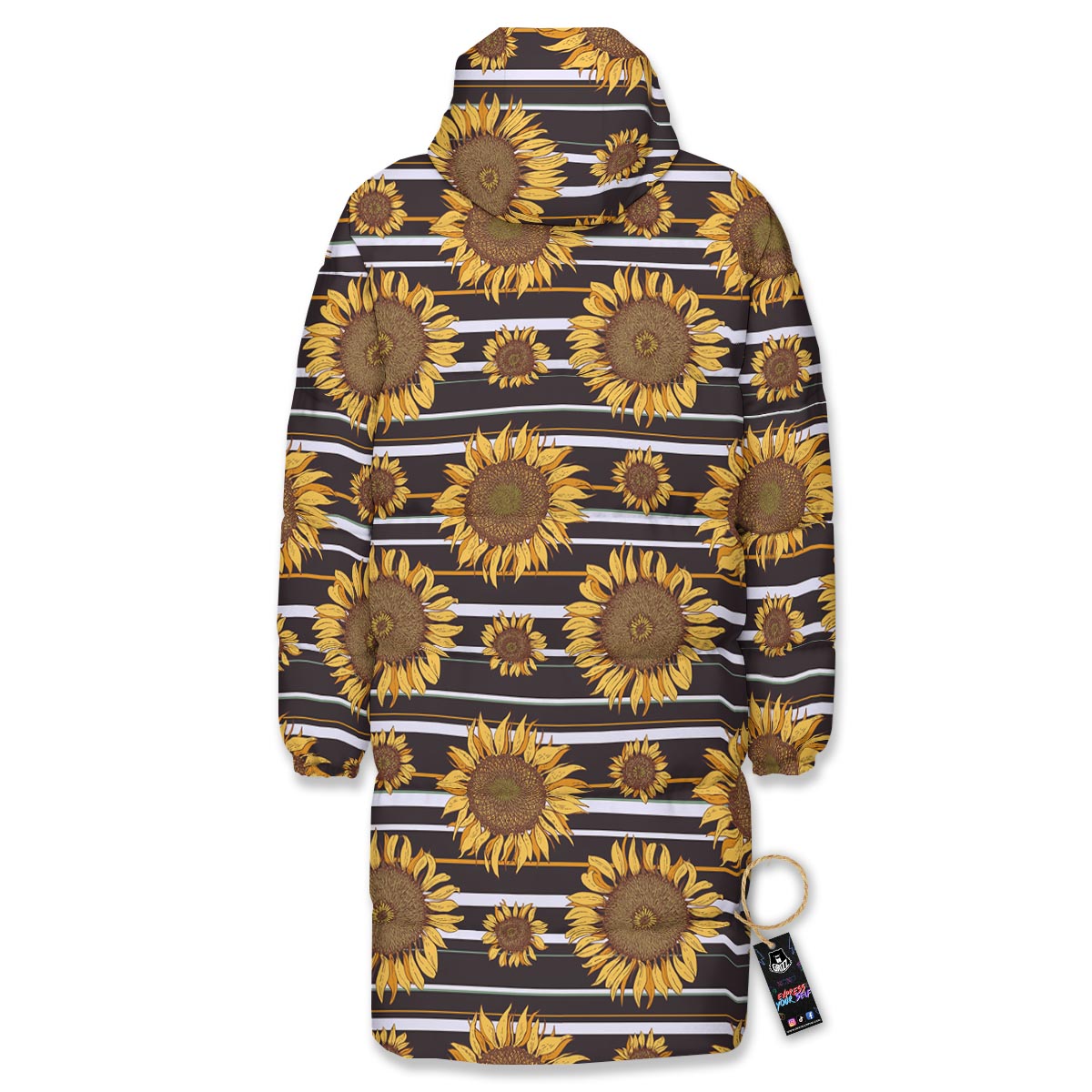 Striped Sunflower Print Pattern Long Down Jacket-grizzshop