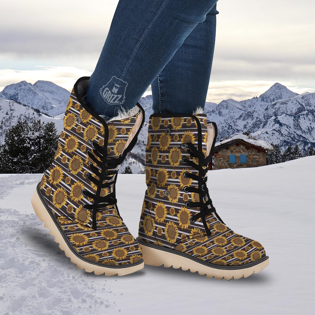 Striped Sunflower Print Pattern Snow Boots-grizzshop