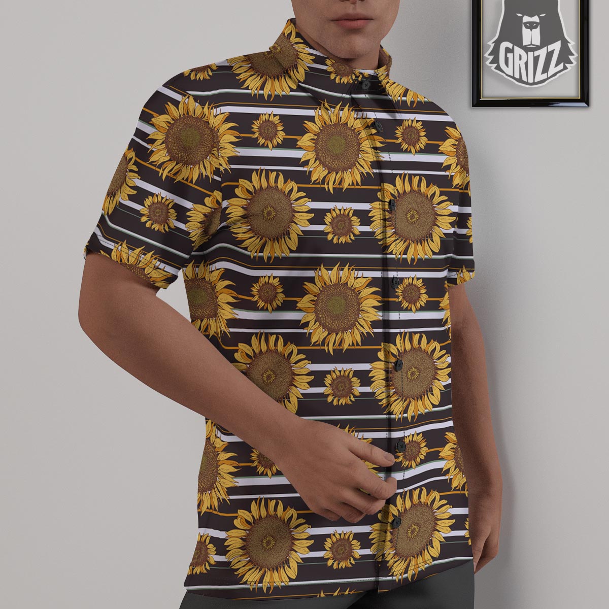 Striped Sunflower Print Pattern Untucked Shirts-grizzshop
