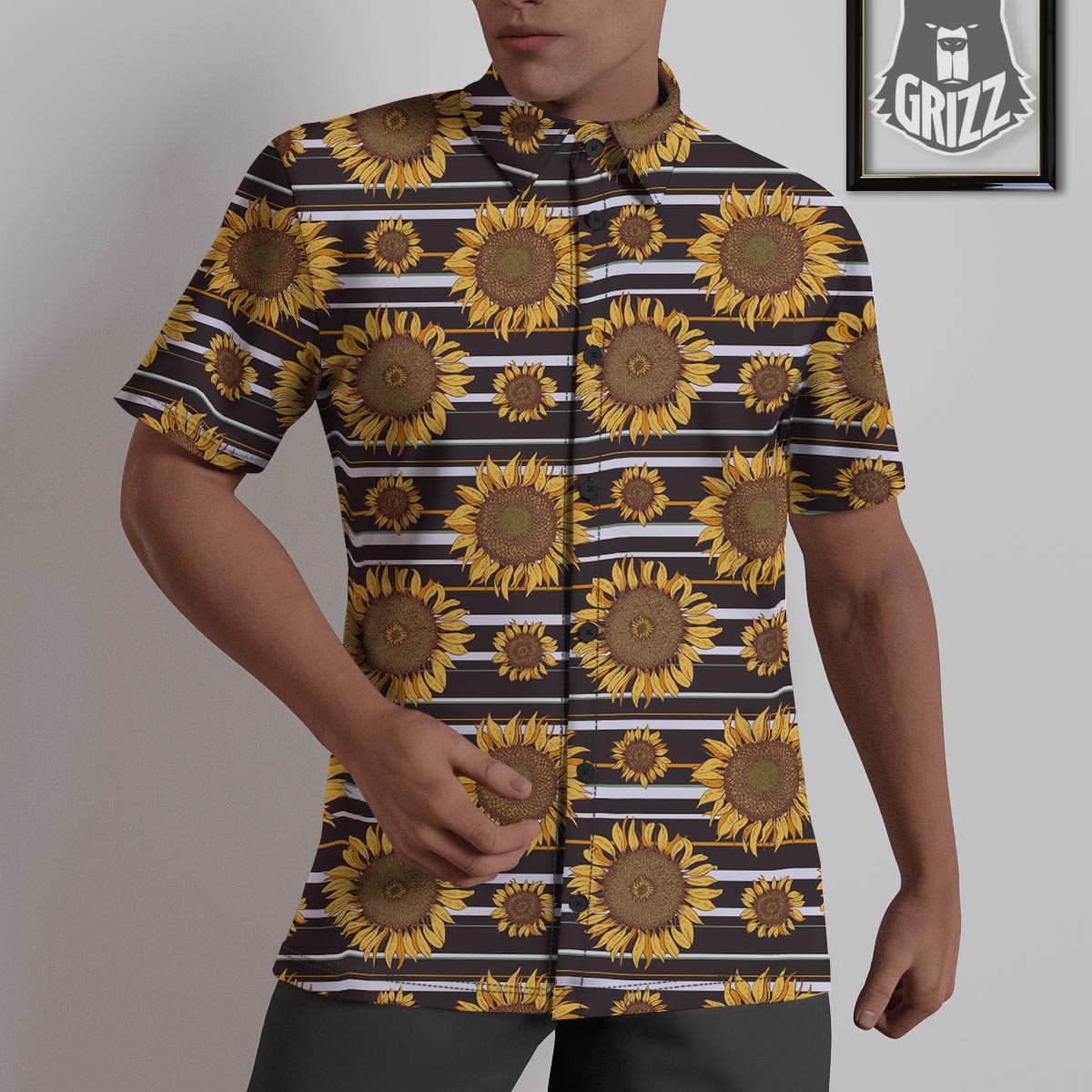 Striped Sunflower Print Pattern Untucked Shirts-grizzshop