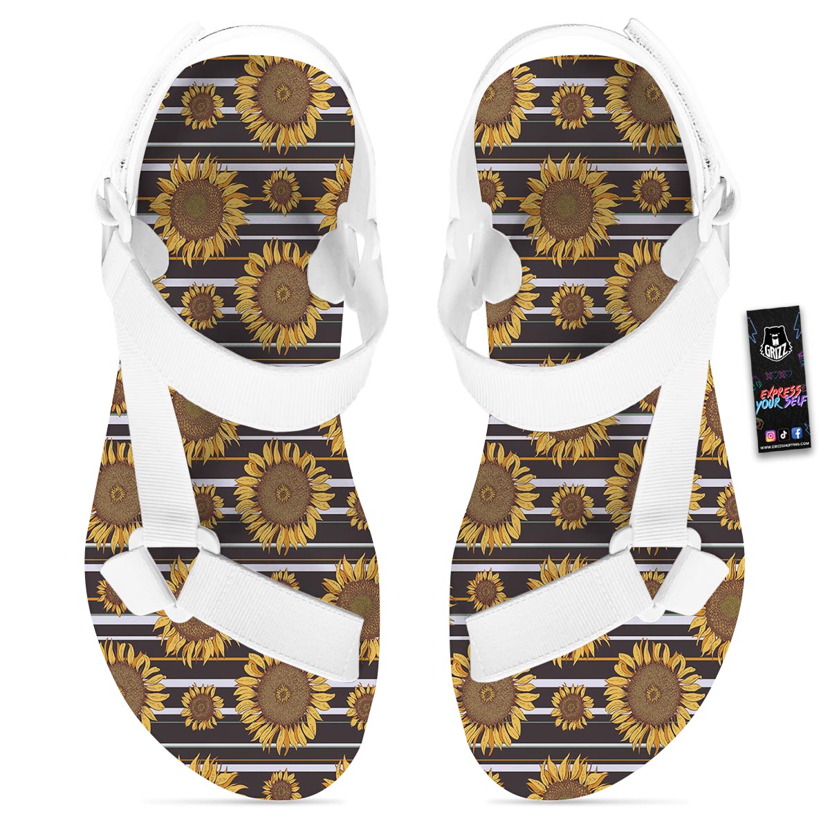 Striped Sunflower Print Pattern White Open Toe Sandals-grizzshop