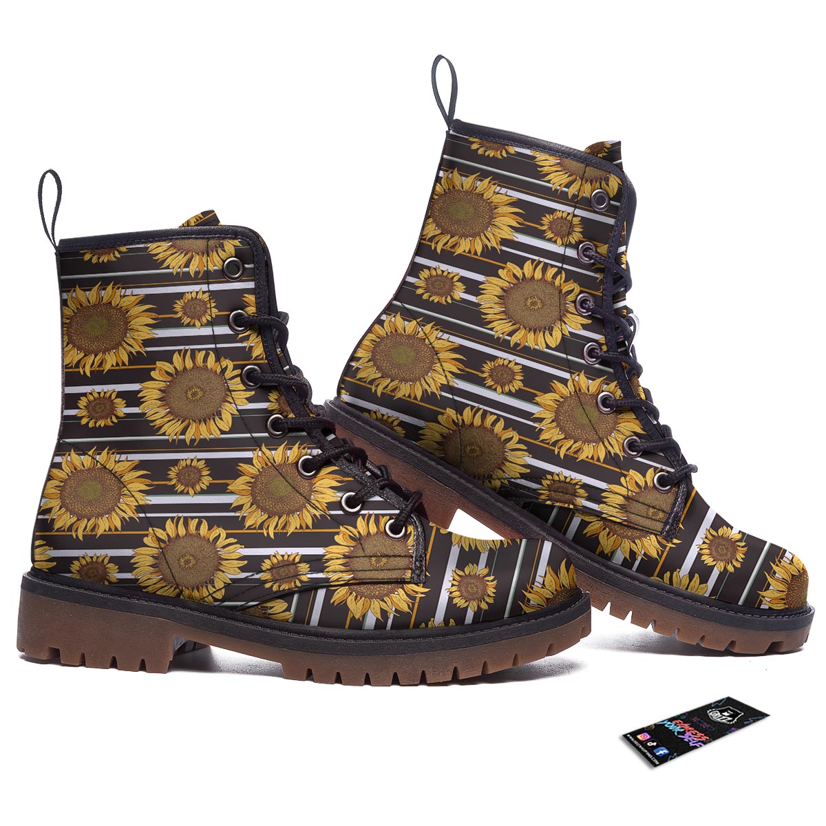 Striped Sunflower Print Pattern Work Boots-grizzshop