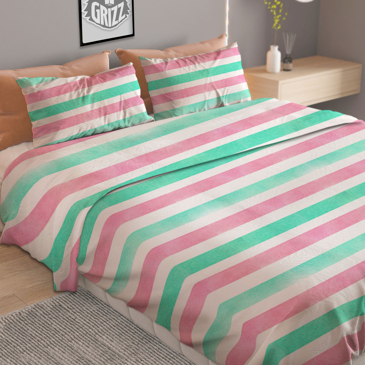 Striped Teal And Pink Print Pattern Duvet Cover Bedding Set