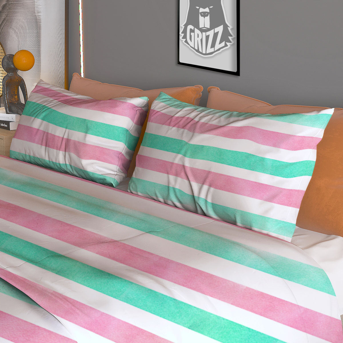 Striped Teal And Pink Print Pattern Duvet Cover Bedding Set