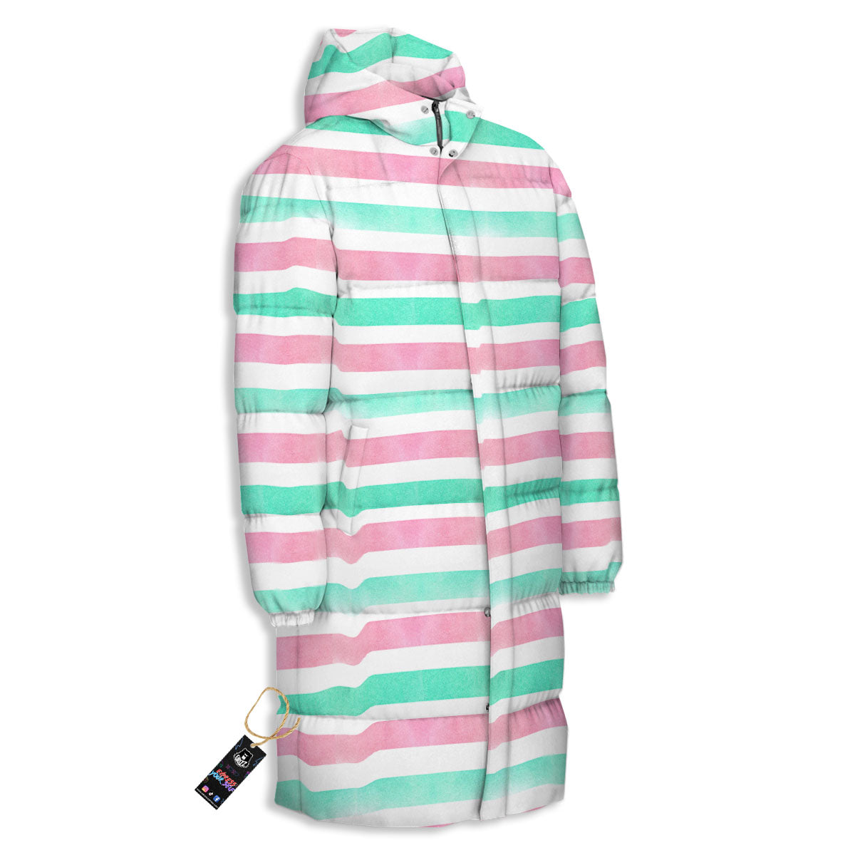 Striped Teal And Pink Print Pattern Long Down Jacket-grizzshop