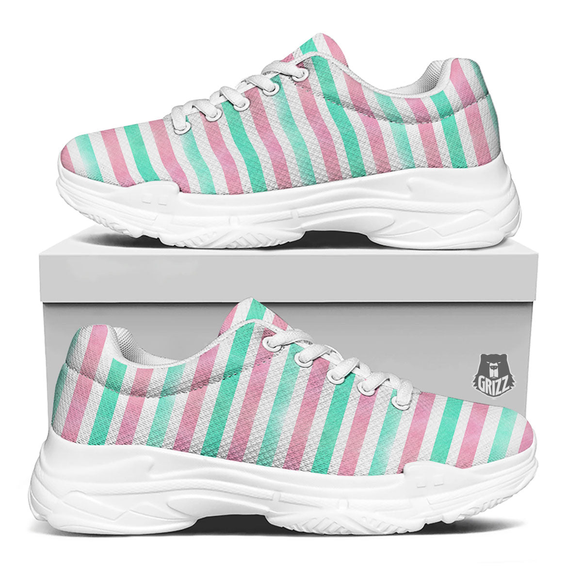 Striped Teal And Pink Print Pattern White Chunky Shoes-grizzshop