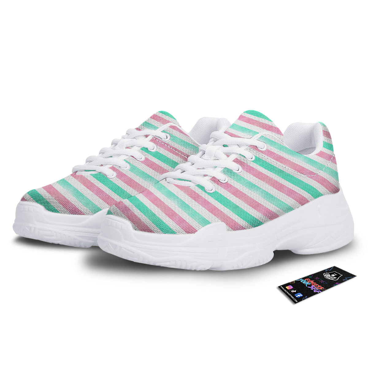 Striped Teal And Pink Print Pattern White Chunky Shoes-grizzshop