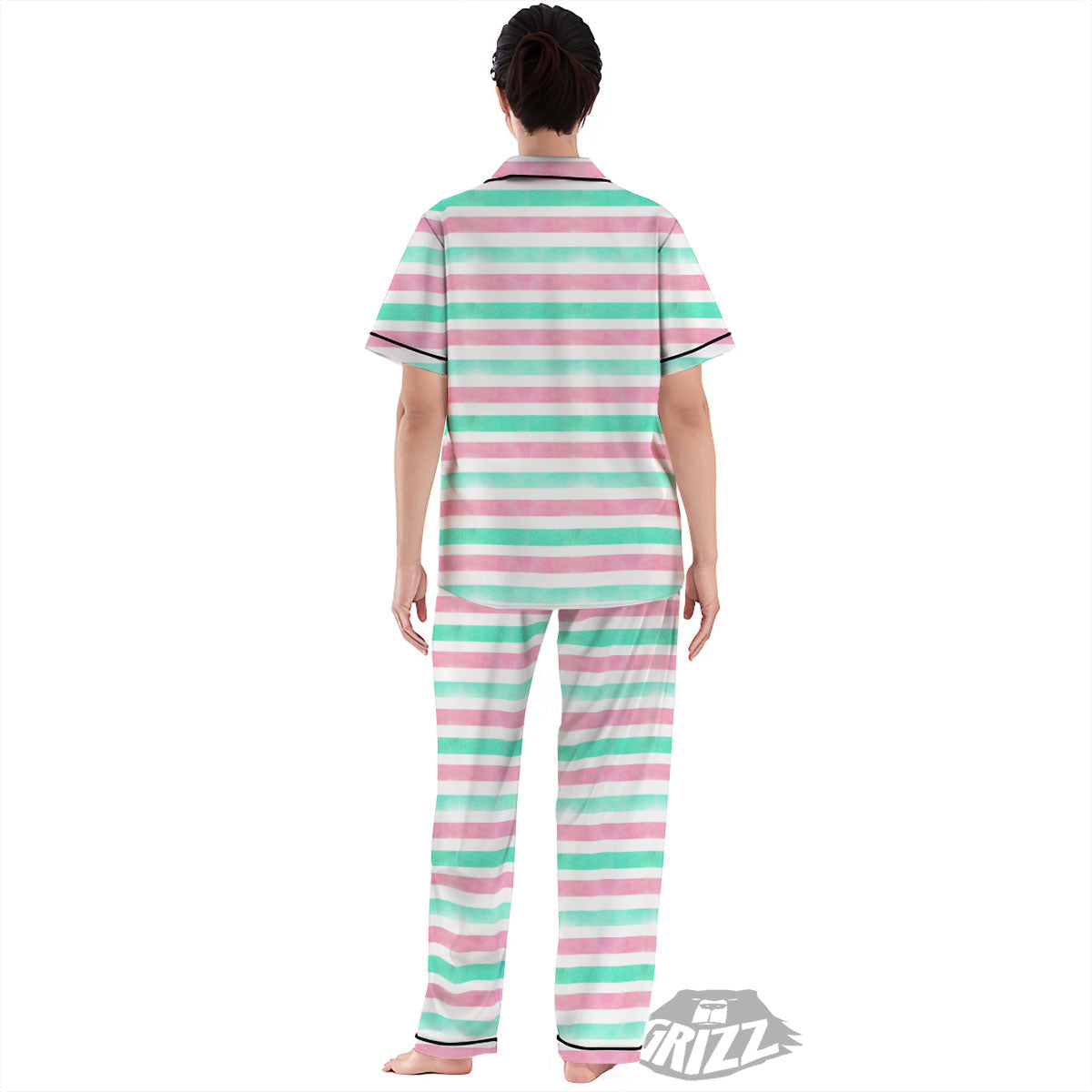 Striped Teal And Pink Print Pattern Women's Pajamas Set-grizzshop
