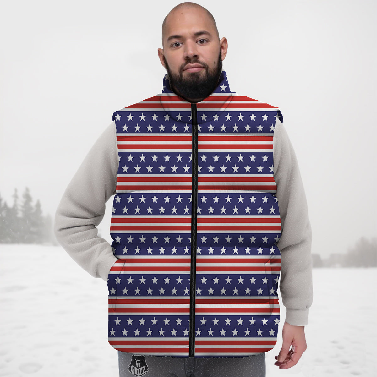 Striped U S A Print Pattern Down Vest