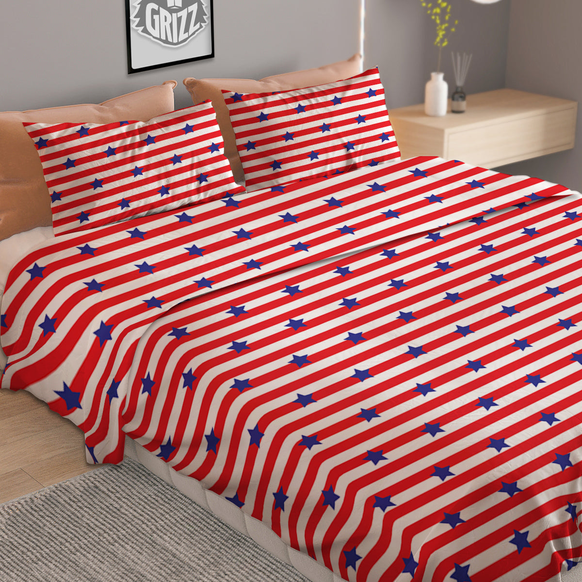 Striped USA Patriotic Print Pattern Duvet Cover Bedding Set