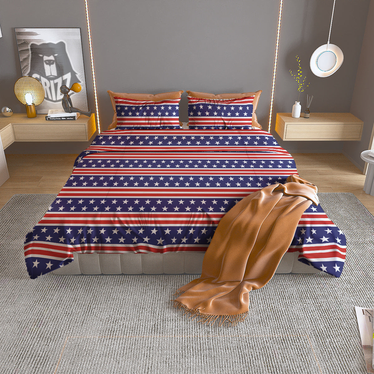 Striped USA Print Pattern Duvet Cover Bedding Set