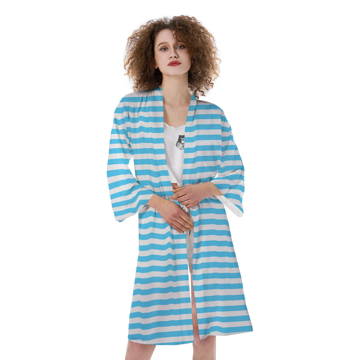 Striped White And Blue Print Pattern Kimono-grizzshop