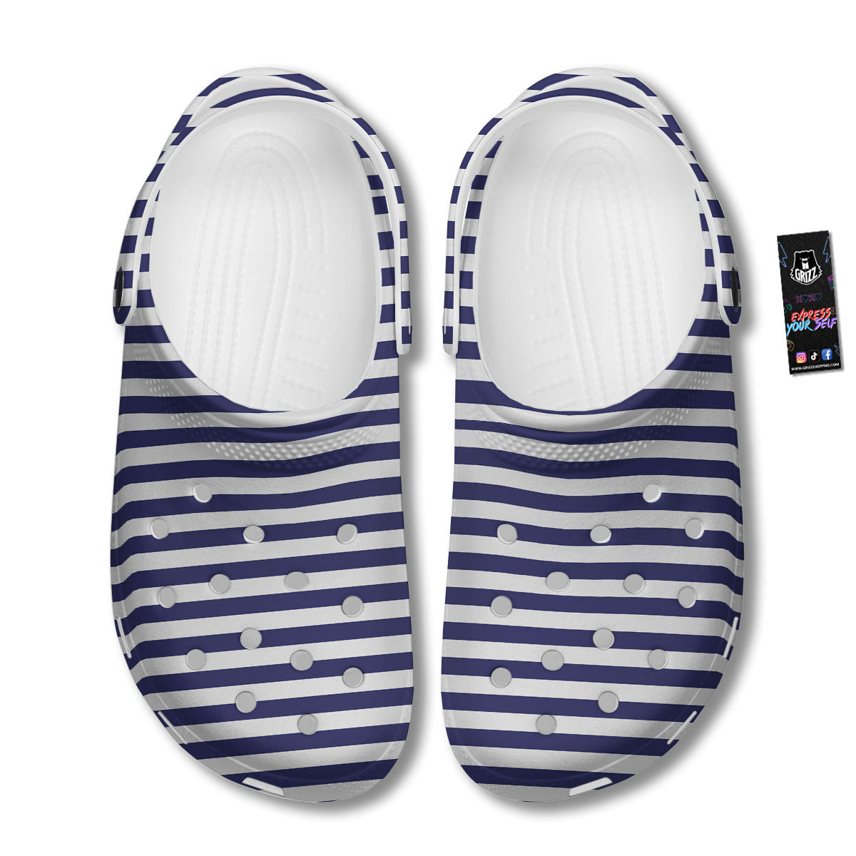 Striped White And Navy Print Pattern Clog-grizzshop