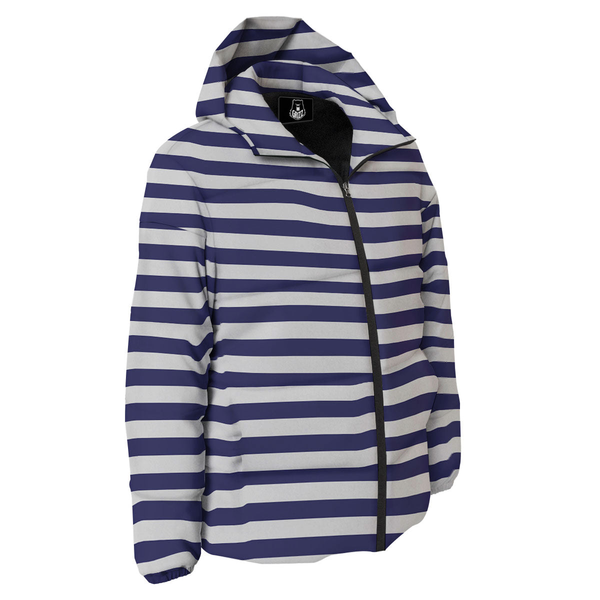 Striped White And Navy Print Pattern Down Jacket-grizzshop
