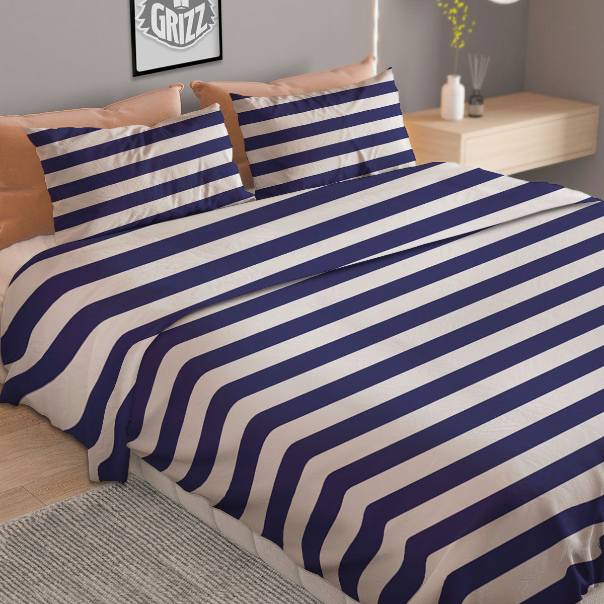 Striped White And Navy Print Pattern Duvet Cover Bedding Set