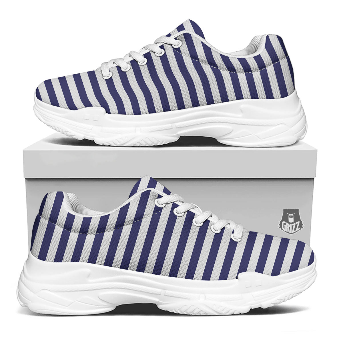 Striped White And Navy Print Pattern White Chunky Shoes-grizzshop