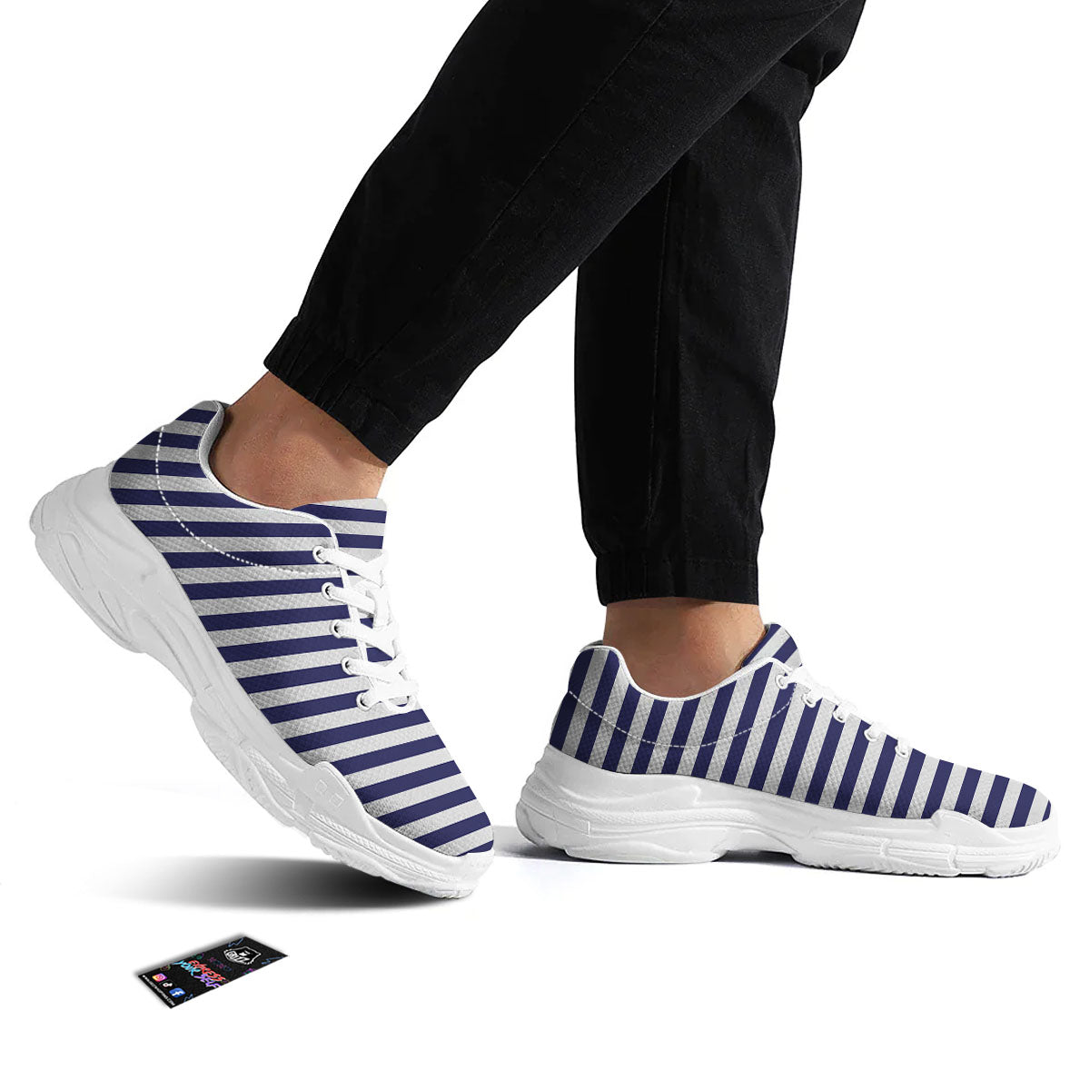 Striped White And Navy Print Pattern White Chunky Shoes-grizzshop