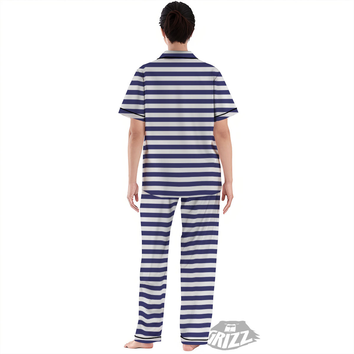 Striped White And Navy Print Pattern Women's Pajamas Set-grizzshop