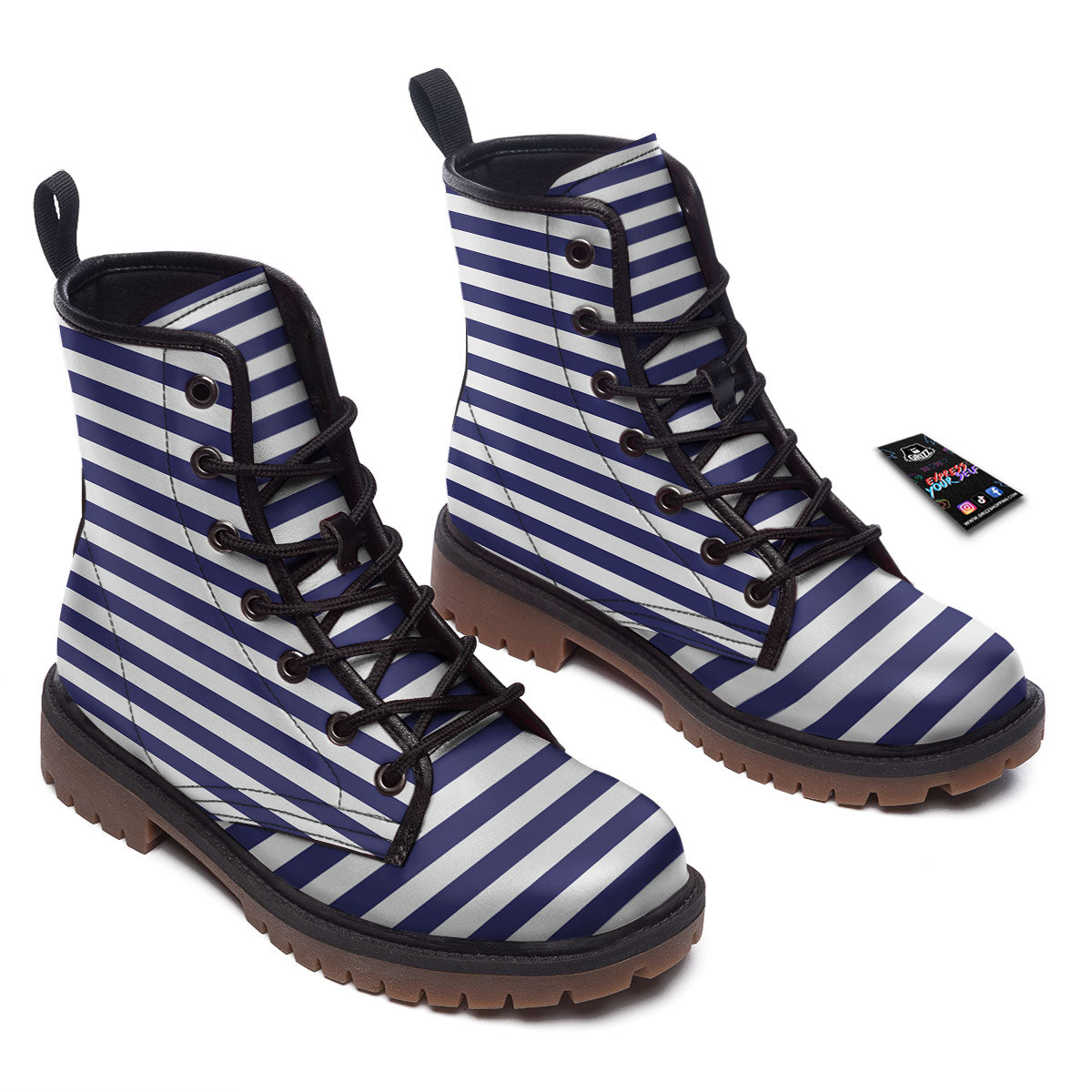 Striped White And Navy Print Pattern Work Boots-grizzshop